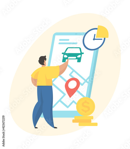 Male cartoon character using online carsharing mobile application. Taxi ordering service. Smartphone with map and location pin. Cars rental and exchange. Flat vector illustration