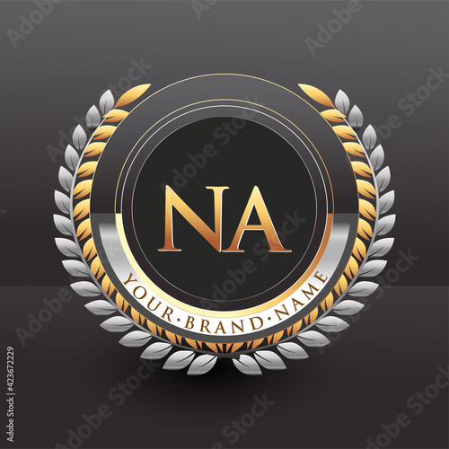 Initial logo letter NA with golden and silver color with laurel and wreath, vector logo for business and company identity.
