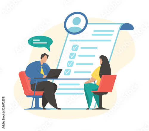 Job interview concept flat vector illustration. Curriculum vitae recruitment candidate. Talking with job applicant. Human