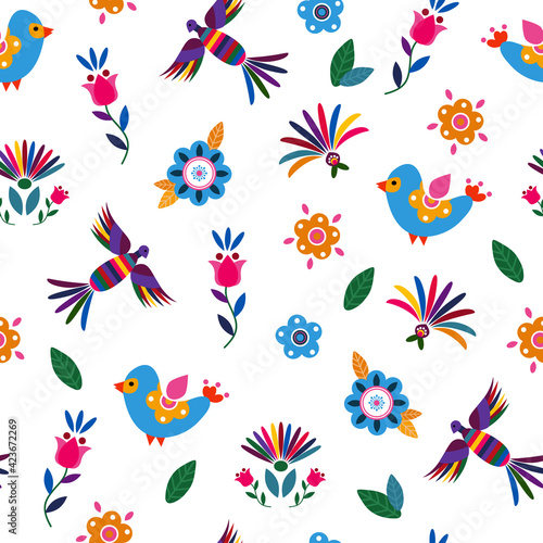 Seamless pattern with cute birds and flowers for the holiday Cinco de mayo. Endless textures for your design.	
