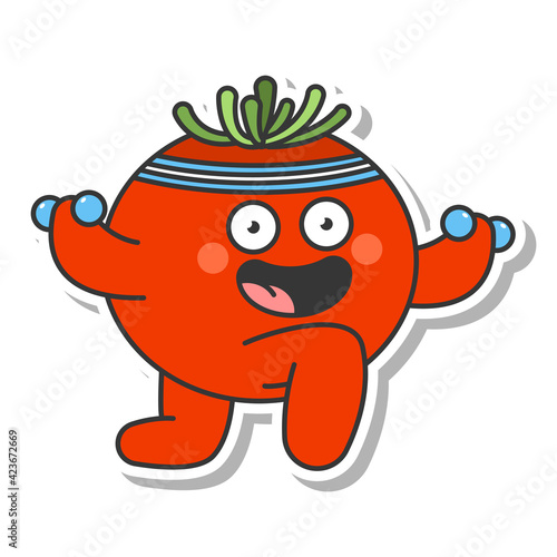 Cute tomato doing fitness exercise with dumbbell vector cartoon sticker isolated on a white background.