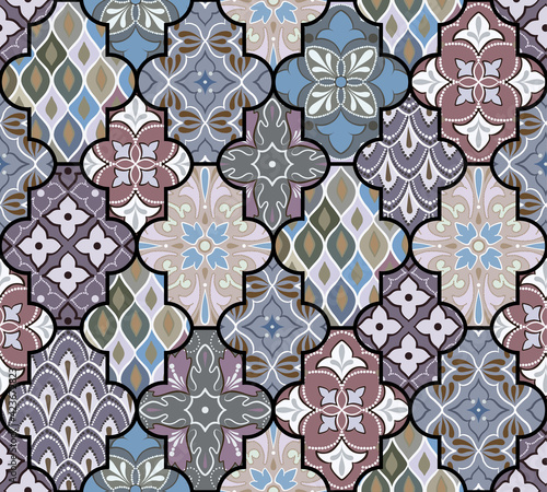 Colorful floral seamless hand drawn ornamental east pattern in patchwork boho chic style with lattice, in portuguese and moroccan motif