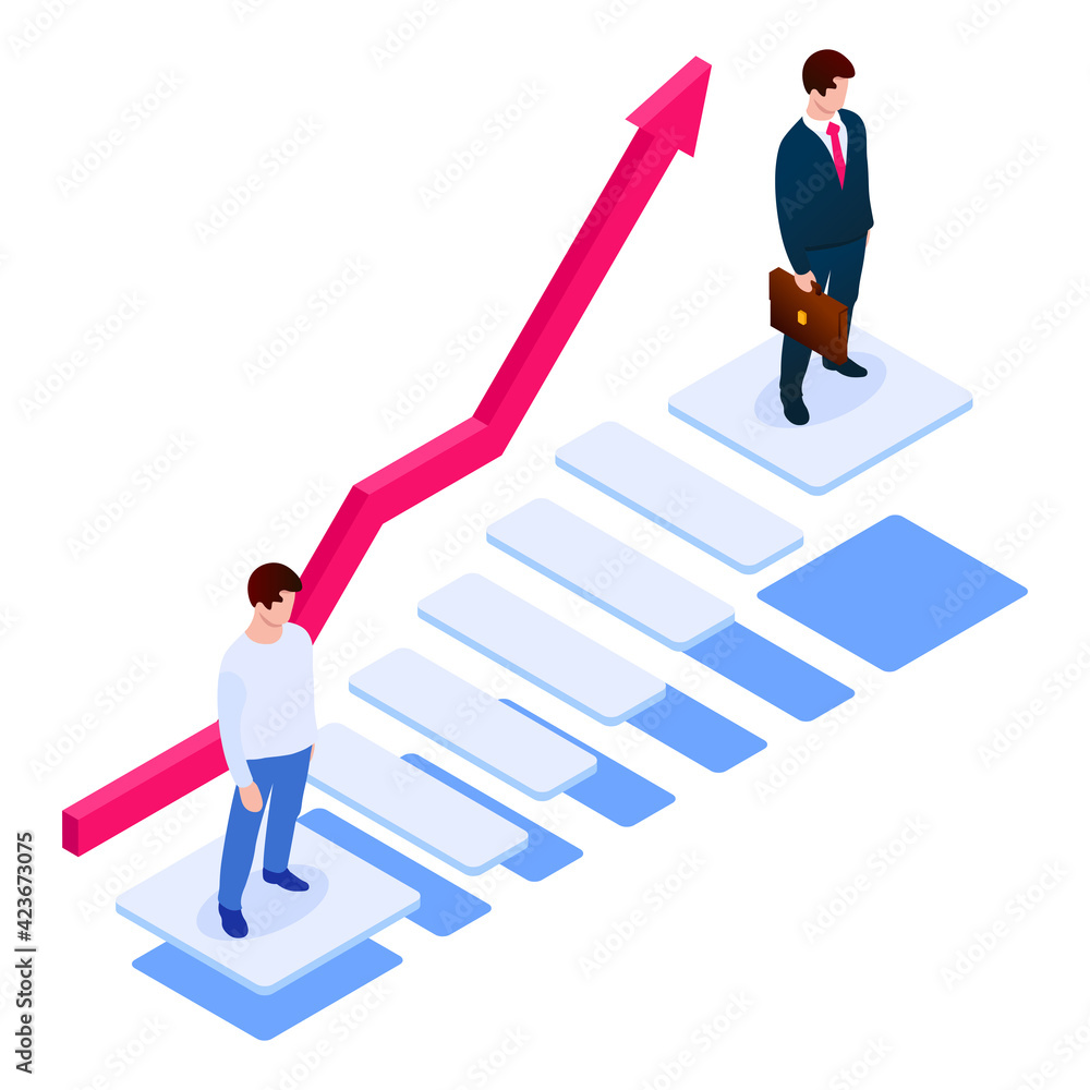 3D Career ladder concept. Person at the bottom and top of the stair. Red upward arrow . An ordinary person and a person who has achieved success. Vector illustration in modern isometric style. 3D Career ladder concept. Person at the bottom and top of the stair. Red upward arrow . An ordinary person and a person who has achieved success. Vector illustration in modern isometric style.