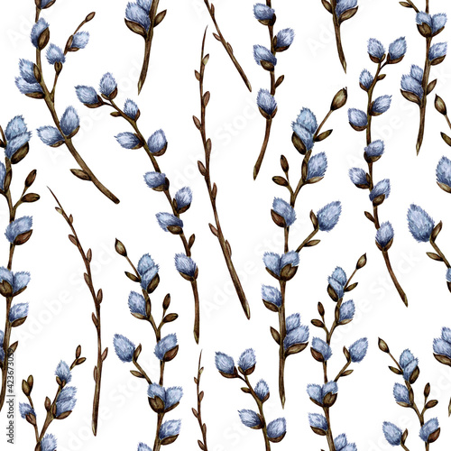 Watercolor illustration of seamless repeating pattern of pussy willow twigs. Spring illustration for design, print, fabric or background. Easter, religion, tradition. Isolated on white background.