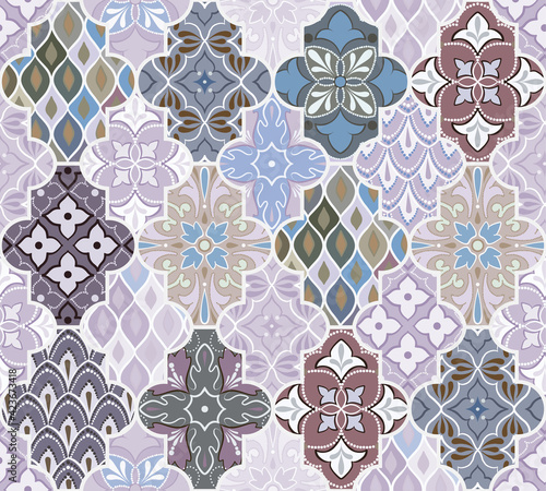 Colorful floral seamless hand drawn ornamental east pattern in patchwork boho chic style with lattice, in portuguese and moroccan motif