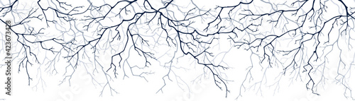 Horizontal seamless pattern of branches. Tricolor silhouettes of dry twigs without leaves. Monochrome drawing on an isolated white background.