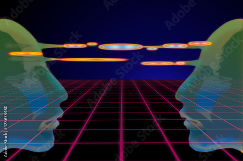 Konstfotografi Two abstract transparent heads against the cyberpunk neon grid, retro internet c