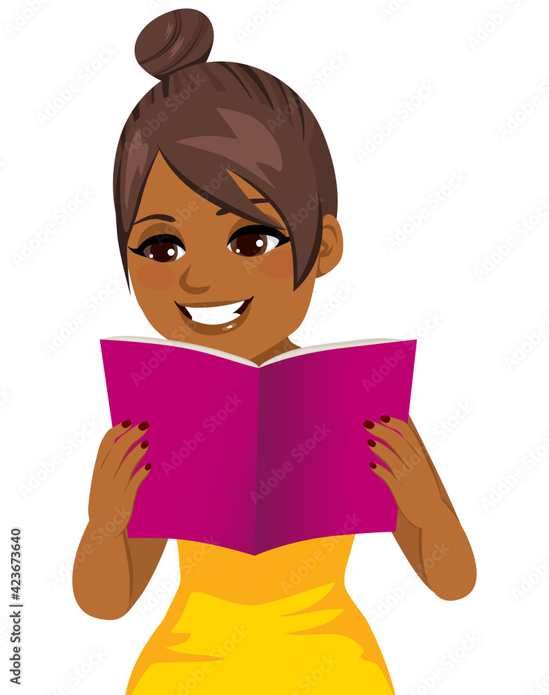 Young woman happy smiling focused reading holding book with both hands isolated vector illustration Young woman happy smiling focused reading holding book with both hands isolated vector illustration