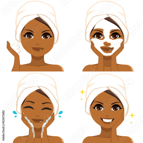 Beautiful young black woman showing beauty skin care routine