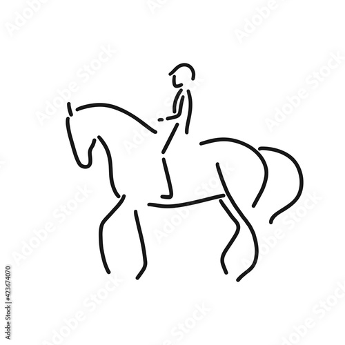 Line drawing of elegance horse company logo identity. Dressage horse and rider. 