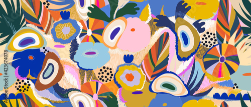 Hand drawn contemporary abstract floral print. Creative collage pattern. Fashionable template for design.