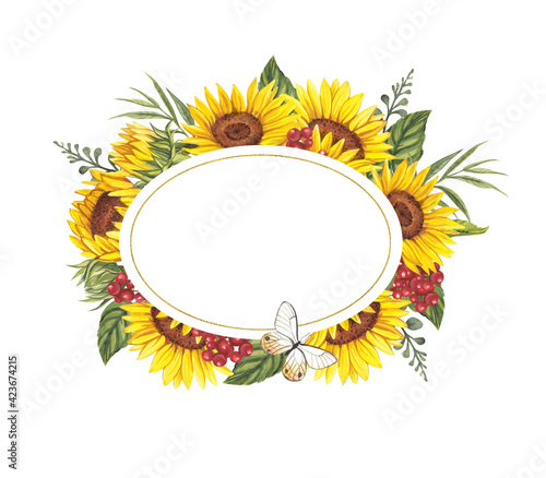 Fototapeta Naklejka Na Ścianę i Meble -  Watercolor illustration of a oval frame with sunflowers and butterflies. Perfect for a wedding invitation.