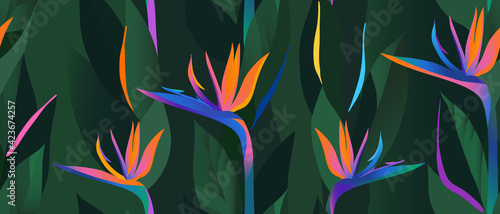 Hand drawn abstract jungle pattern with strelitzia flower. Creative collage contemporary seamless pattern. Natural colors. Fashionable template for design.