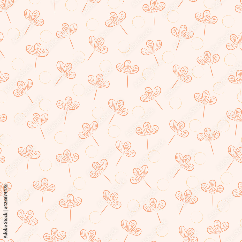 Seamless pattern of small flowers and circles. Pink floral background