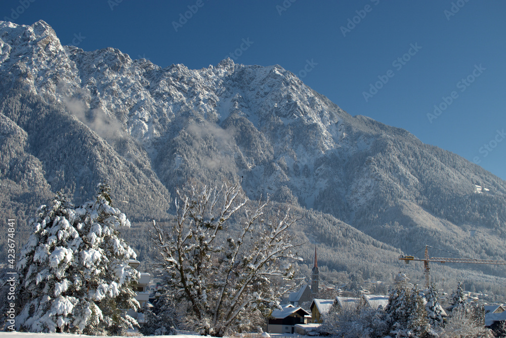 Fototapeta premium Winter mountain panorama in Schaan in Liechtenstein 16.1.2021