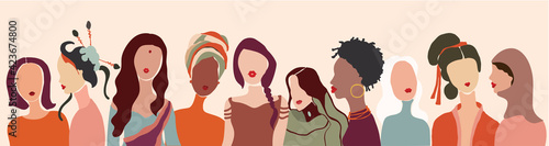 Communication group of multiethnic multicultural diversity women face. Female social network community of diverse culture. Talk and share information. Friendship.Speak.Racial equality
