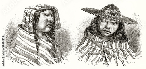 Fotografie Couple of Quechua women viewed in close-up with typical South American traits and hats