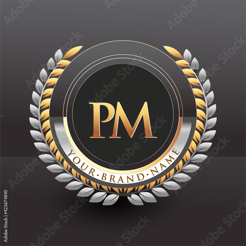 Initial logo letter PM with golden and silver color with laurel and wreath, vector logo for business and company identity.