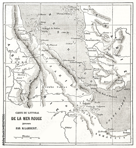 Old sqaured map with vintage captions of the Red sea. By Erhard and Bonaparte, publ. on Le Tour du Monde, 1862