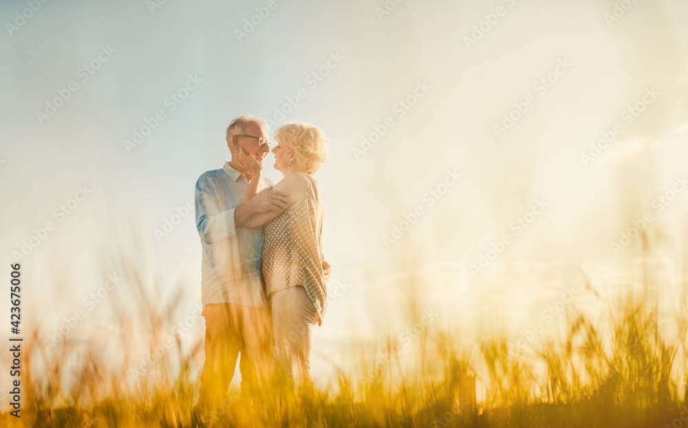 Senior couple embracing each other in love outdoors - obrazy, fototapety, plakaty 
