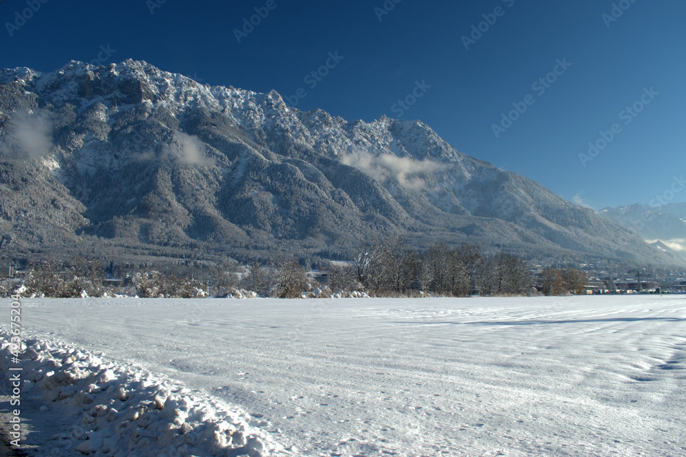Winter mountain panorama in Schaan in Liechtenstein 16.1.2021