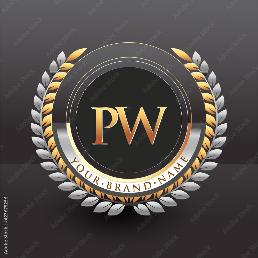 Initial logo letter PW with golden and silver color with laurel and ...