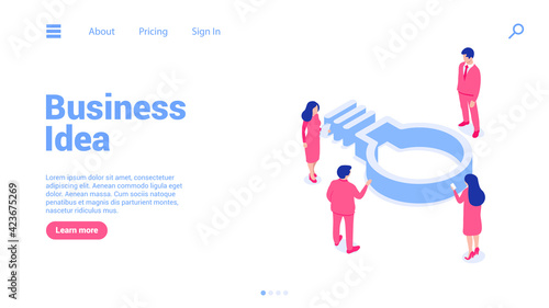 Business people gather around a light bulb and discuss new ideas and solutions. Landing page or web banner template. Concept of finding an idea. Vector illustration in modern isometric style. 
