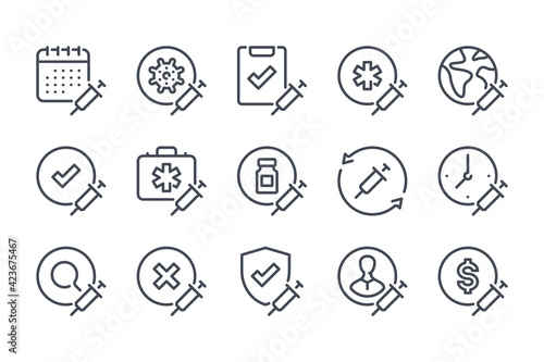Vaccine and vaccination line icon set. Healthcare, virus treatment and medical care linear icons. Syringe and needle outline vector sign collection.