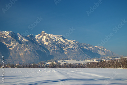 Winter mountain panorama in Schaan in Liechtenstein 16.1.2021