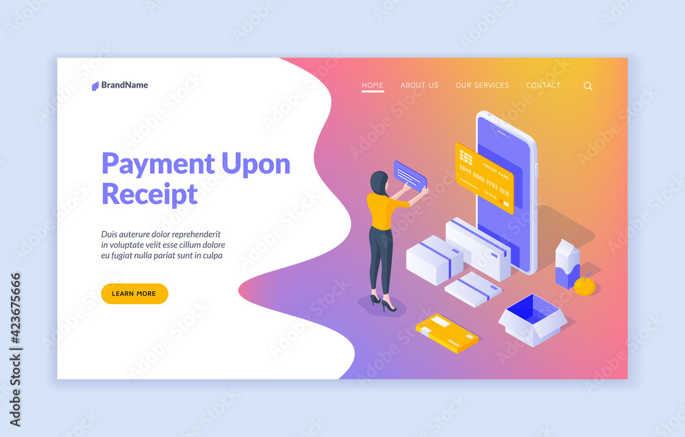 Payment upon receipt landing page banner template. Vector isometric illustration of modern woman using smartphone and credit card to pay for goods upon receipt
