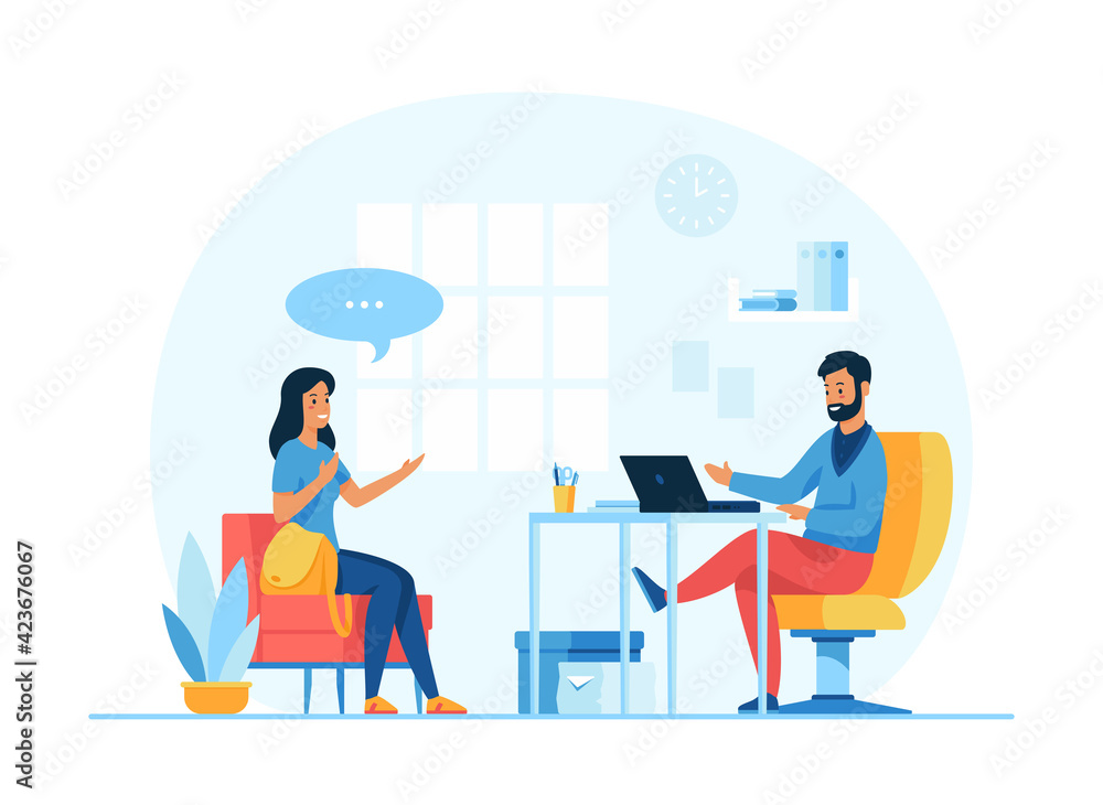 Job interviewing. Cartoon characters employer and job candidate. Negotiation with job applicant. Flat vector illustration