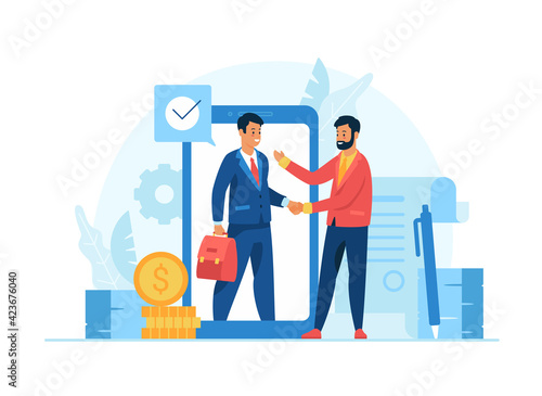 Onlin ebusiness partnership. Two male cartoon characters businessmen shaking hands making business deal. Business management remotely. Flat vector illustration