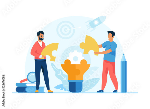 Creative idea. Male cartoon characters businessmen connecting puzzle to build light bulb. Teamwork, cooperation, brainstorm, partnership. Flat vector illustration
