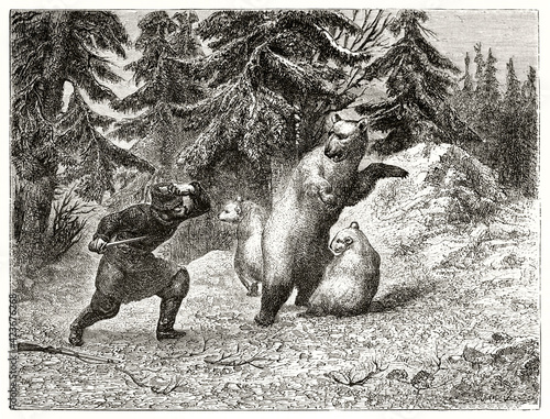 Siberian hunter attacking bears family in the winter forest with a knife. Ancient grey tone etching style art by Gauchard, Le Tour du Monde, 1862