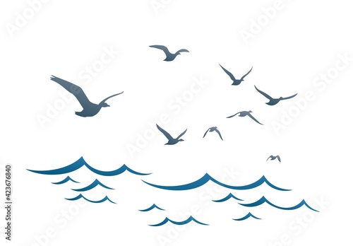 The Blue sea with flying birds.