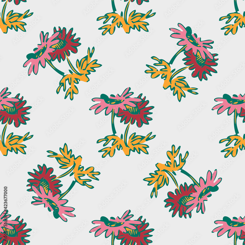 Obraz premium Hand drawn flowers daisy, leaves seamless pattern abstract background wallpaper. Line art botanical illustration. Floral wall art vector illustration in trendy color white pink pastel graphic design