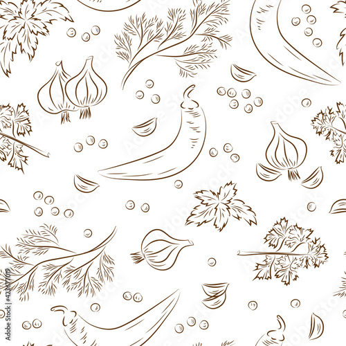 Spices. Vegetables. Seamless pattern of basil, chili pepper, dill, garlic, parsley, peppercorns. Monochrome background.