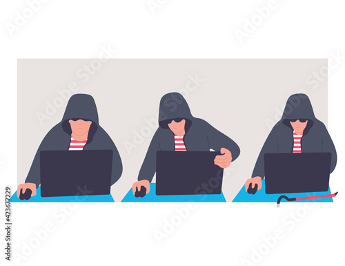 Hacker vector cartoon characters set isolated on a white background.