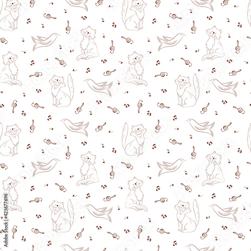 Cartoon cats and birds with notes. Vector Music seamless pattern.