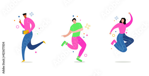 Happy young people jumping. Modern vector illustration concepts for advertising, sale, for posting on websites and mobile website. A group of students. Cartoon characters on white background.