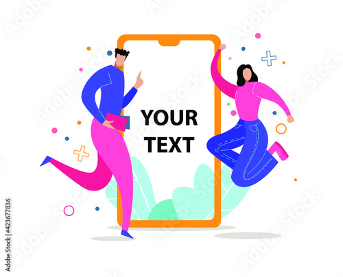 Happy people jumping for joy near a smartphone. Modern vector illustration concepts for advertising, sale, for posting on websites and mobile website. Cartoon characters on white background.