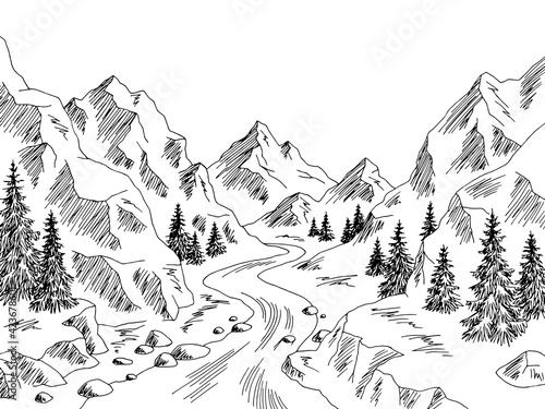 Mountain valley river graphic black white landscape sketch illustration vector