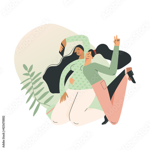 Beauty blogger Portrait of young cute funny girls doing selfie with smartphone. Eco natural green blogging and vlogging concept. Character creating content. Flat vector cartoon isolated illustration