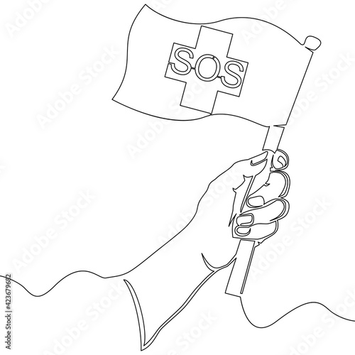 Continuous line drawn flag SOS help vector oncept
