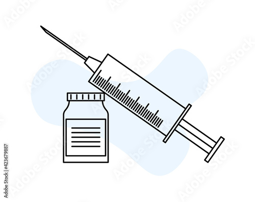 Covid-19 coronavirus vaccine. Time to vaccinate. Vector illustration with syringe with vaccine, bottle and virus.