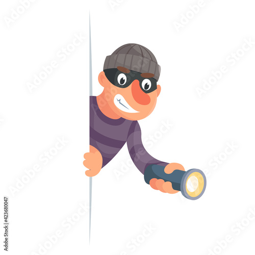 Evil thief with flashlight peeping out of cartoon character design vector illustration