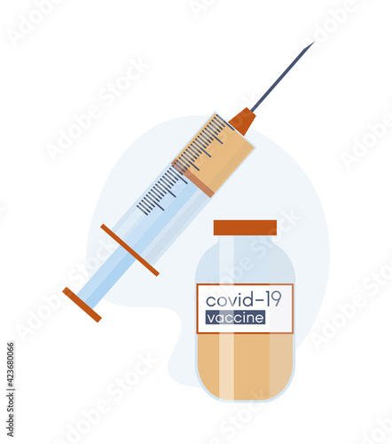 Covid-19 coronavirus vaccine. Time to vaccinate. Vector illustration with syringe with vaccine, bottle and virus.