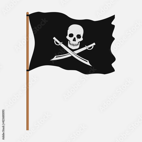 Torn pirate flag with white skull symbol. Vector illustration.