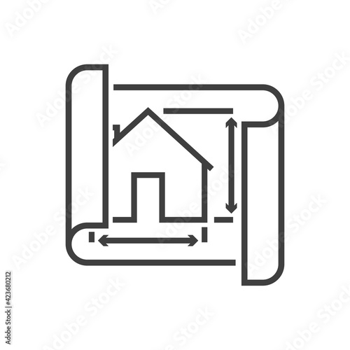 Estudio de arquitectura. Plano de papel con casa con medidas con lineas en color gris