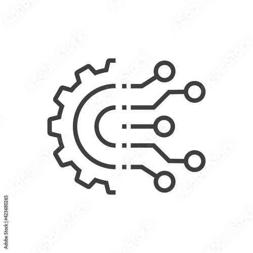 Tecnología electrónica. Engranaje con circuito digital con lineas de color gris